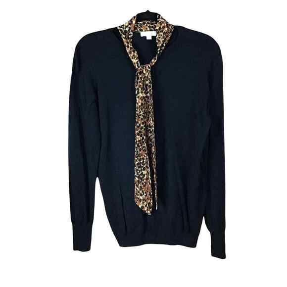 14th & Union Womens Medium Black Sweater Leopard Print Tie Neck Career Pullover - Picture 1 of 12